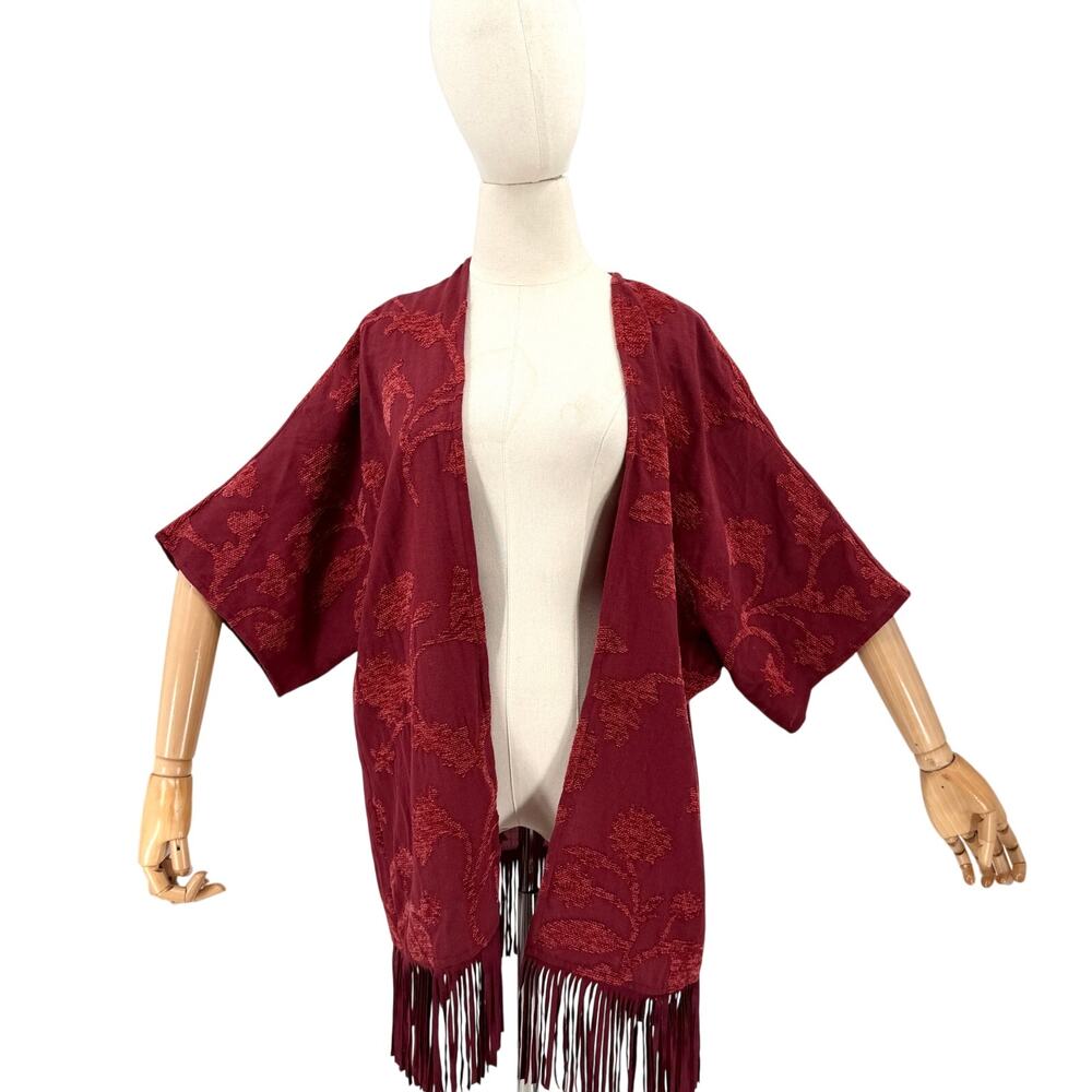 Chico's Maroon Burnout Floral Fringe Ruana Kimono